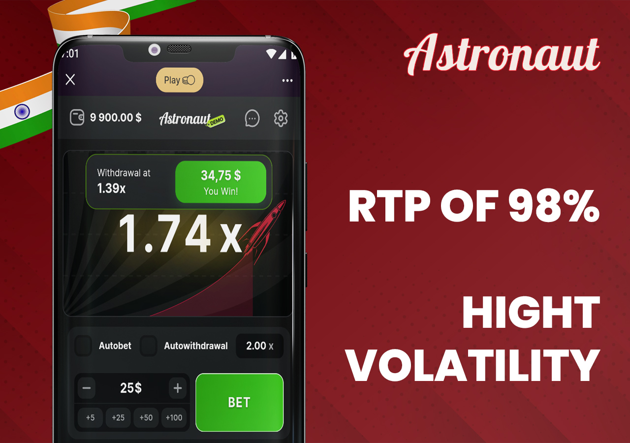 Astronaut crash game RTP 98 volatility screen